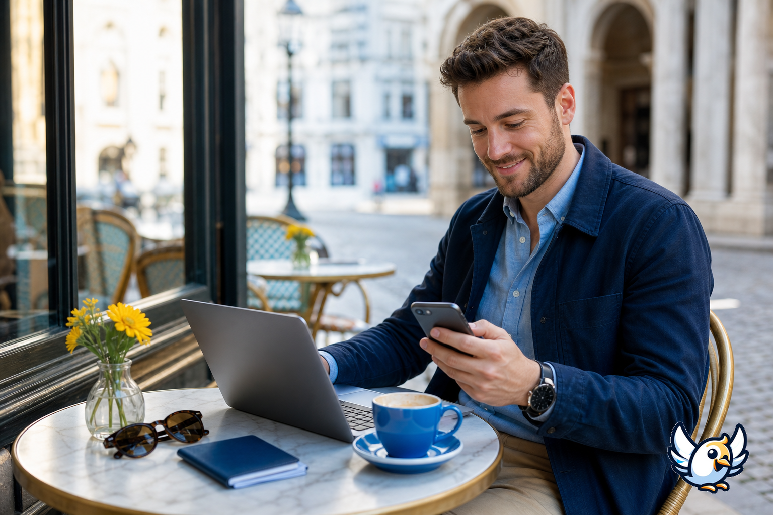 iPhone Mirroring in Europe: traveler checking an iPhone beside a MacBook in a café
