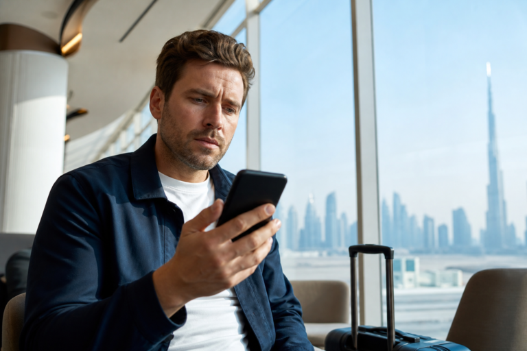 Iranian mobile roaming cut UAE banking access: traveler checking phone connectivity in Dubai