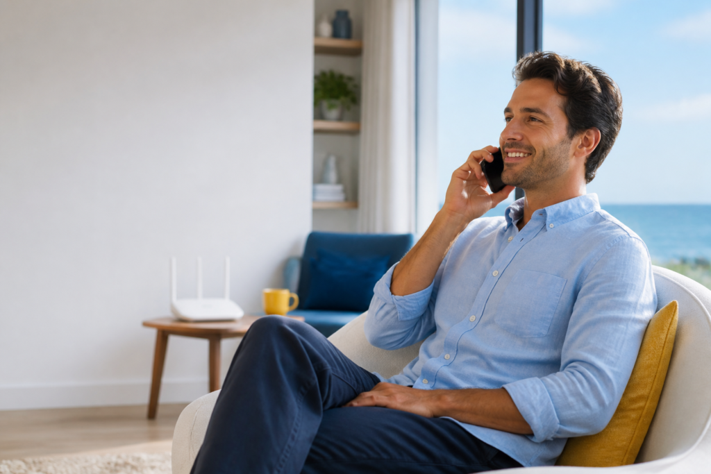 llamadas wifi en el móvil: persona llamando desde casa con conexión Wi‑Fi estable