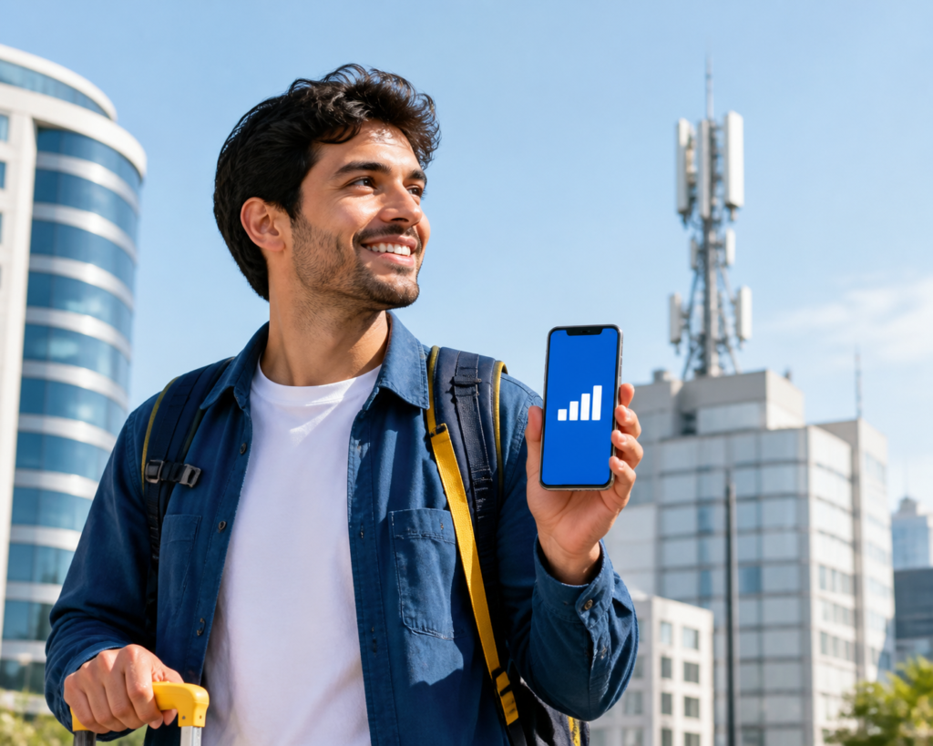 LTE meaning explained: traveler using fast mobile data on a smartphone