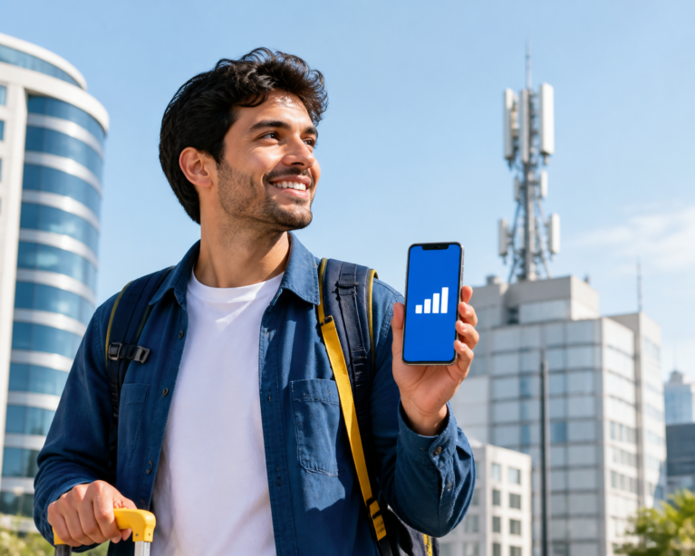 LTE meaning explained: traveler using fast mobile data on a smartphone
