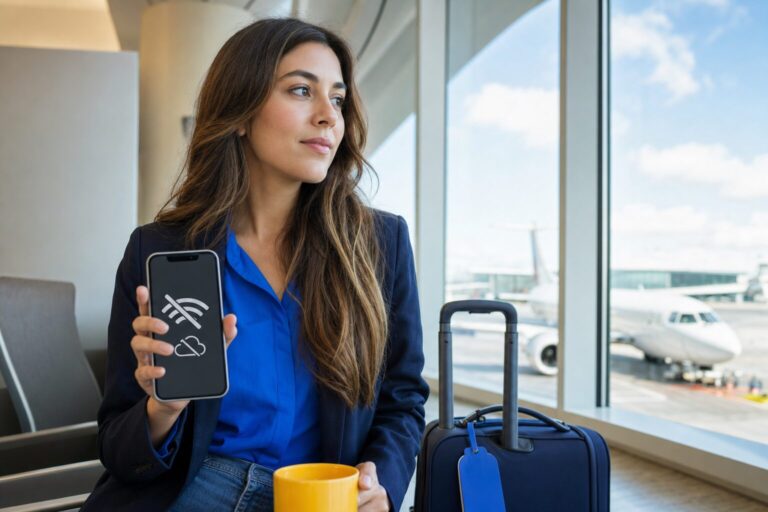 Mobile data not working: traveler checking a phone connection before a trip