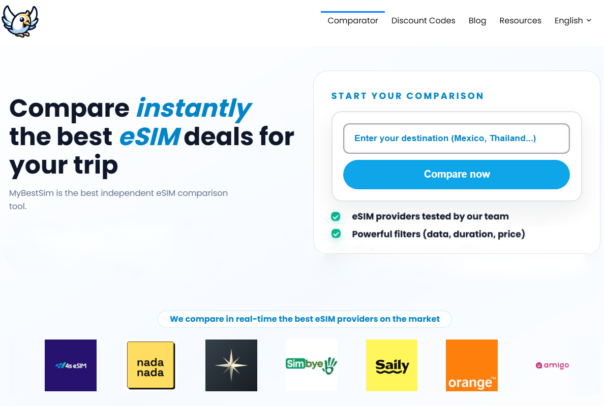 The MyBestSim eSIM comparison homepage, with Simbye among the selected providers