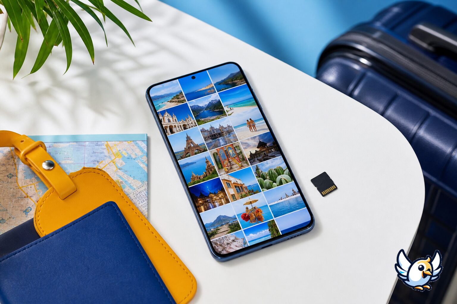 Photos Samsung : galerie ouverte avec carte microSD à côté du smartphone