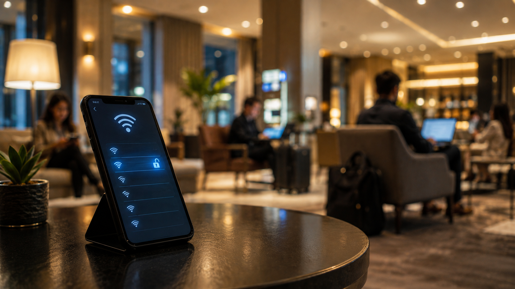 Unsecured public Wi-Fi risk at a hotel or cafe for travelers