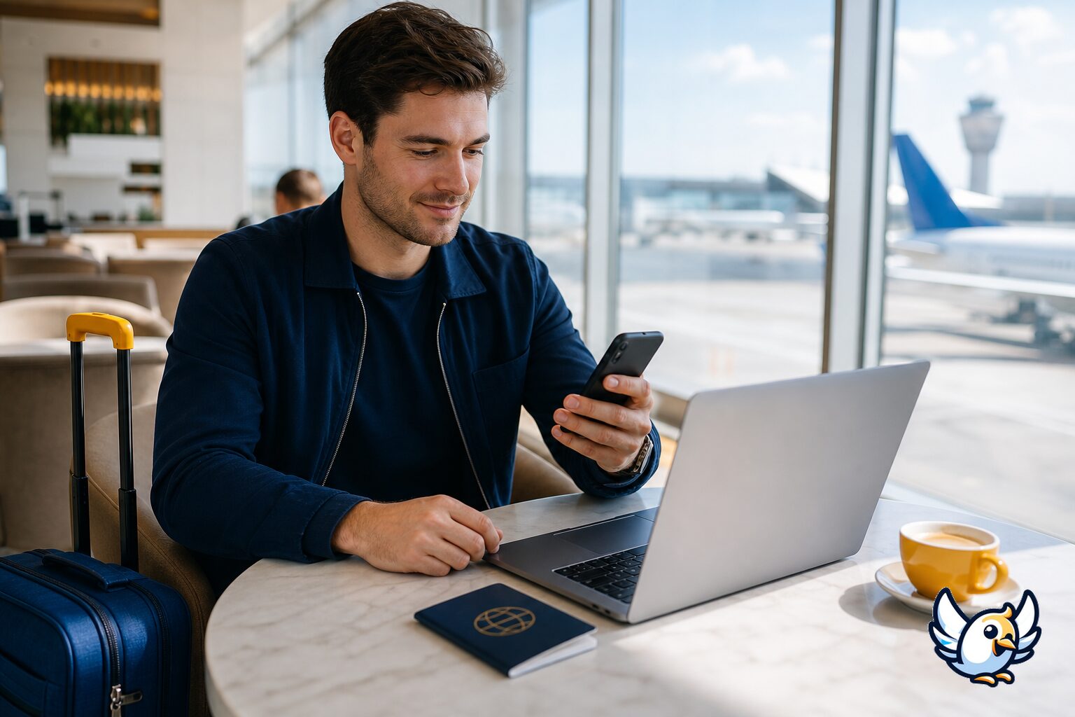 Rejsende aktiverer en eSIM på smartphone ved siden af pas og laptop