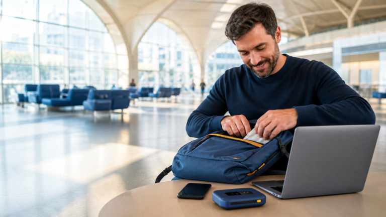 router wifi portátil para viagem ao lado de smartphone e laptop