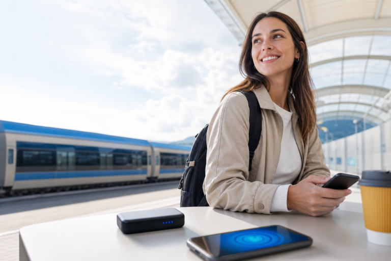 router wifi portátil para viajar con móvil conectado en una estación