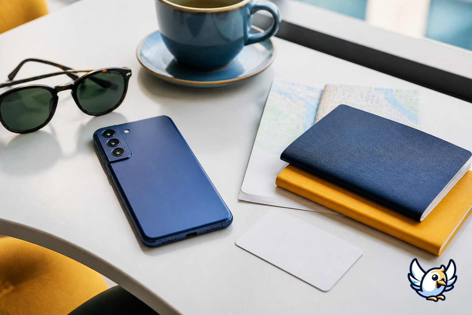 Samsung Galaxy S21 eSIM matkakortin ja passin vieressä