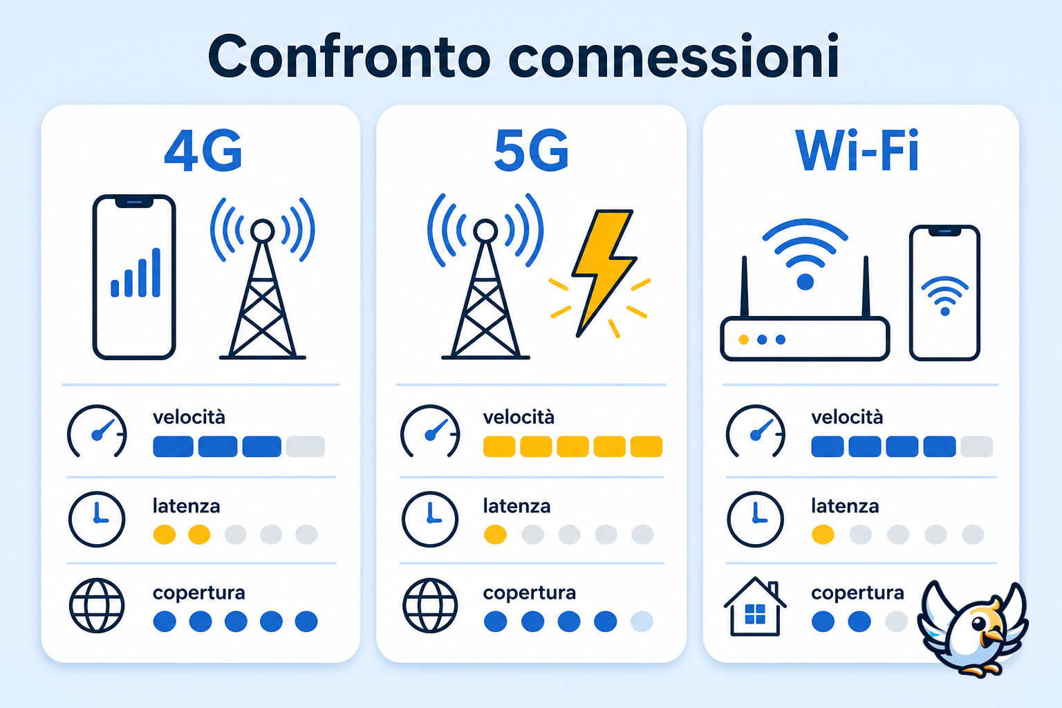 Schema 5G: differenze tra 4G, 5G e Wi-Fi per chi usa una eSIM