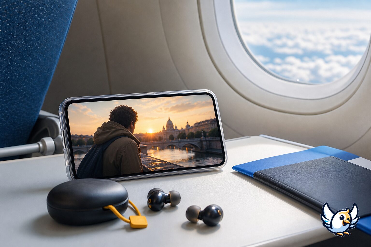 Smartphone avec un film téléchargé hors ligne et écouteurs de voyage