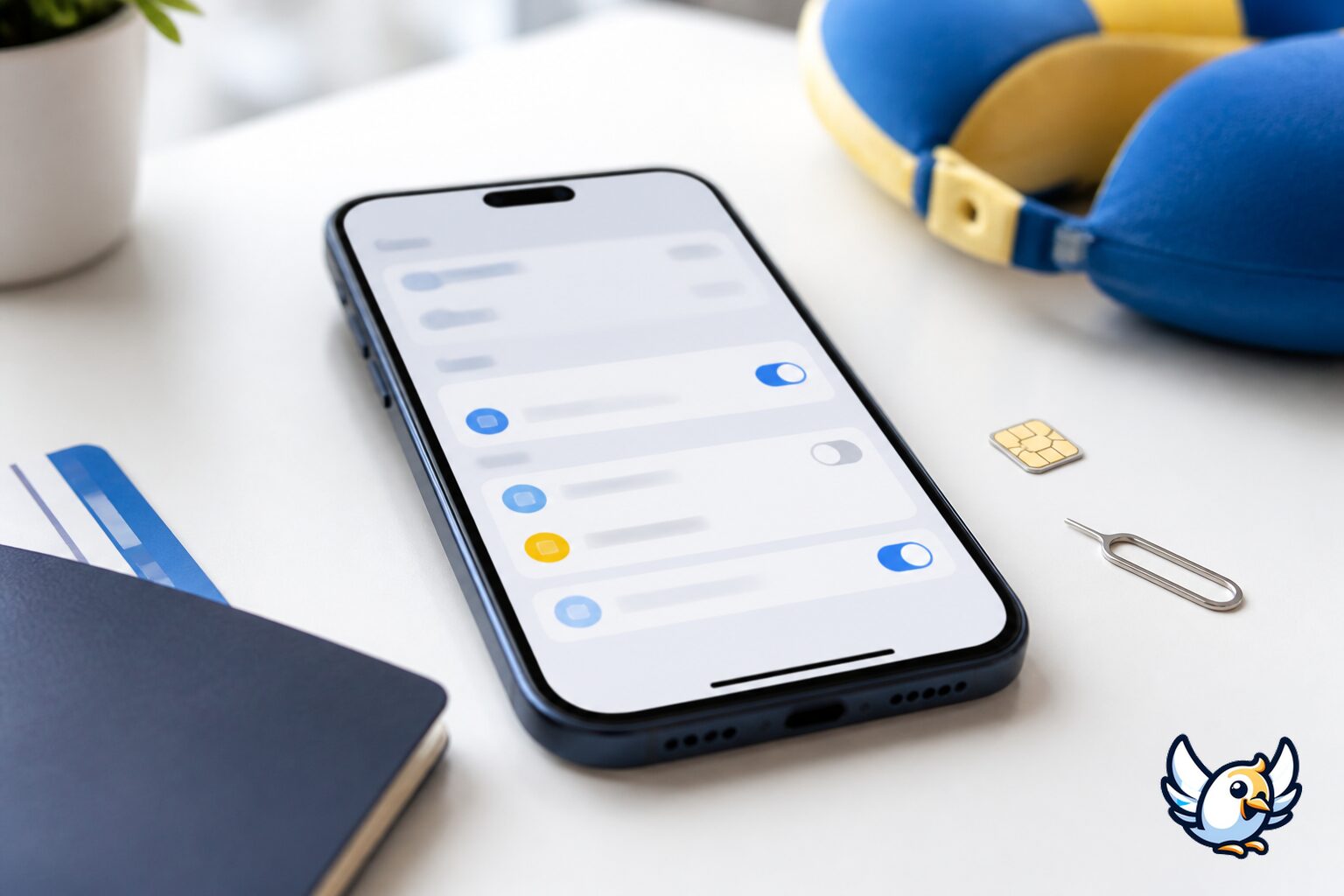 Smartphone med eSIM-indstillinger på et rent skrivebord