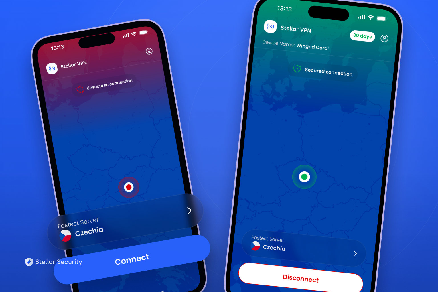 Unsecured versus VPN-secured connection side by side in the Stellar app