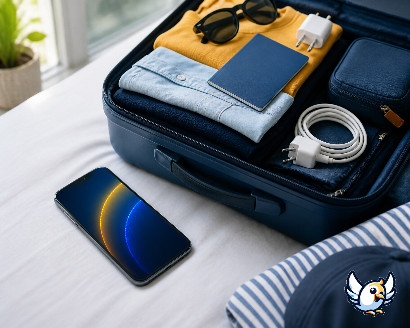 Teléfono mostrando consumo de datos eSIM junto a una maleta de viaje
