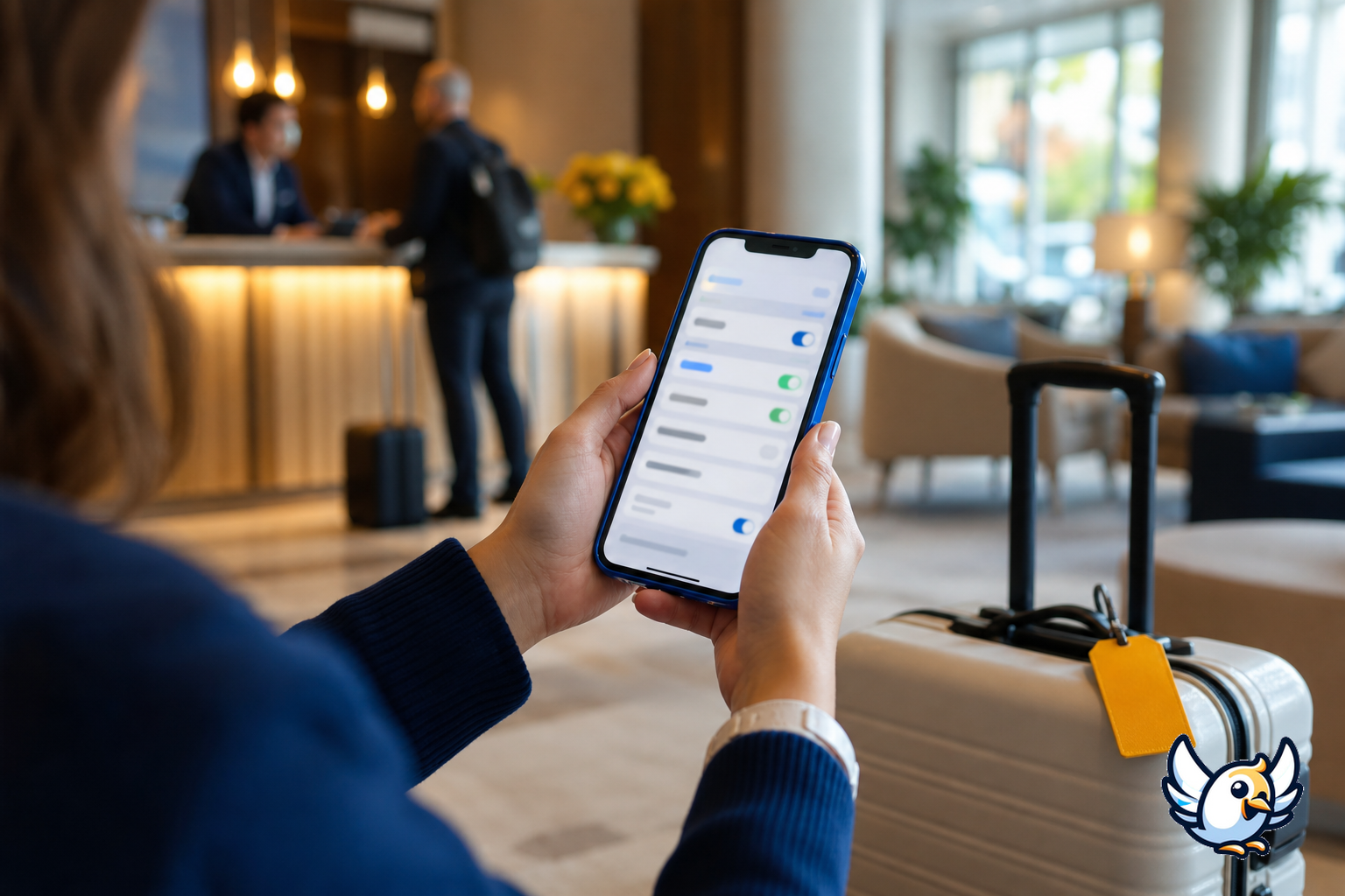 Traveller switching mobile network settings in a hotel lobby