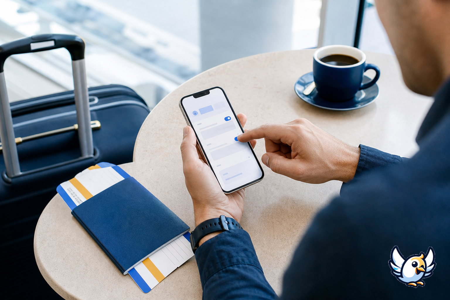 Traveller using dual SIM settings with luggage and passport