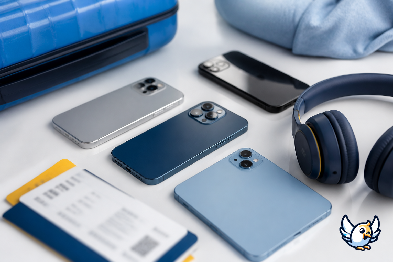 Varios modelos de iPhone compatibles con eSIM junto a una tarjeta de embarque