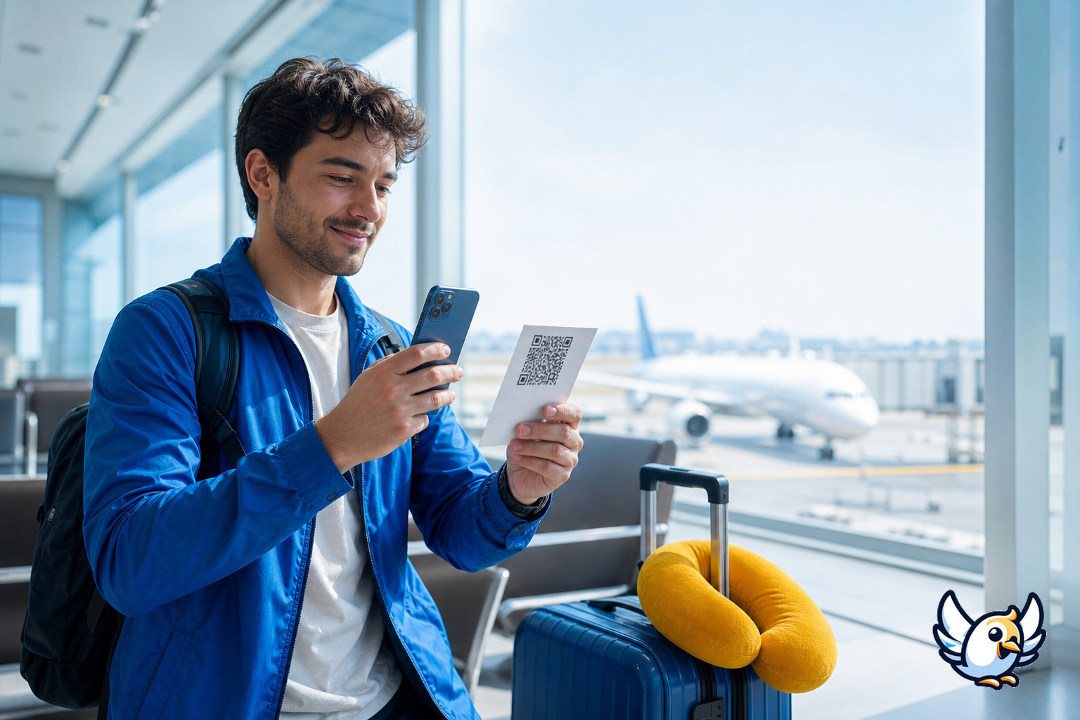 Viajero escaneando un código QR de eSIM en su iPhone 12 antes de un vuelo