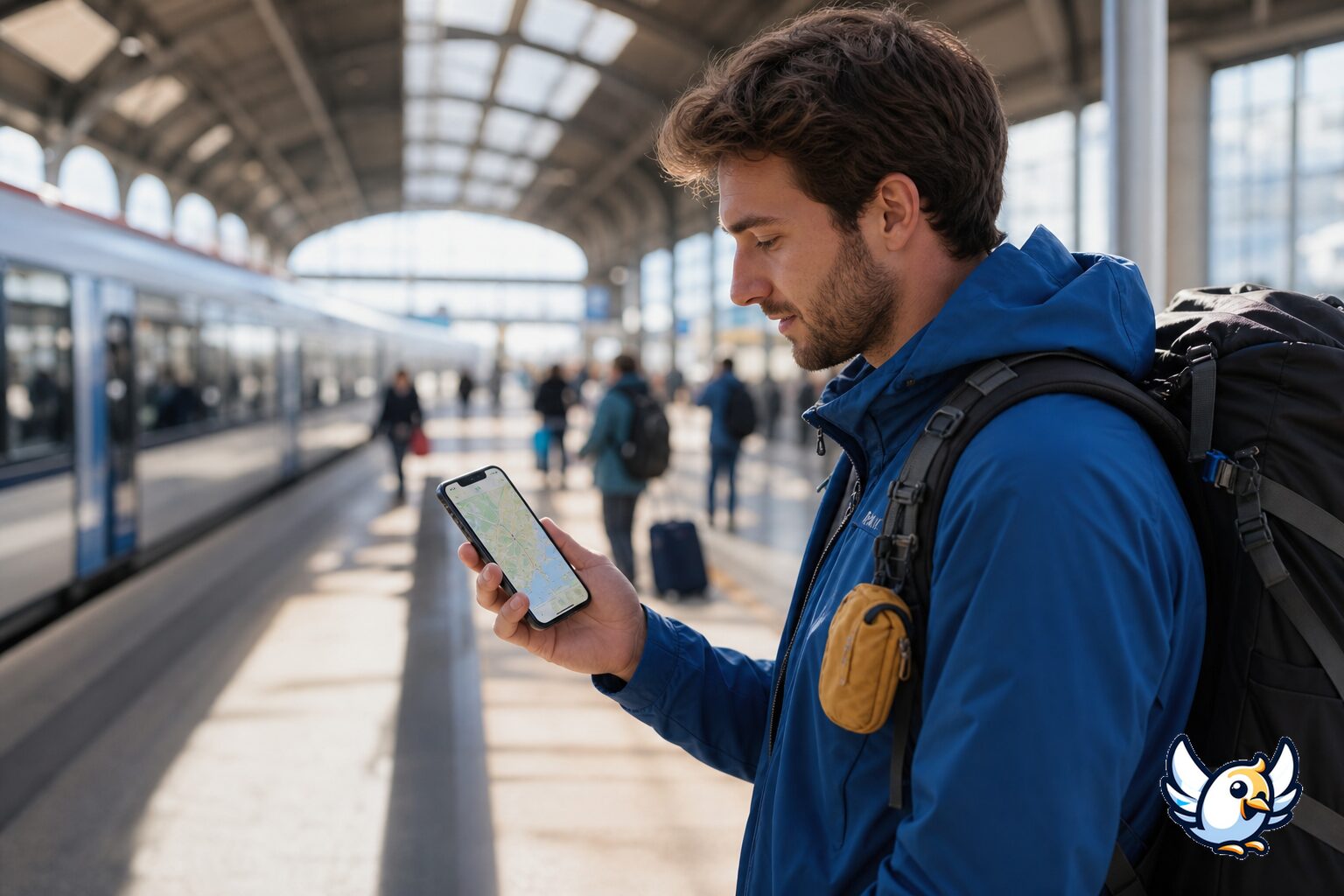 Viajero usando mapas en el iPhone antes de una excursión con eSIM de viaje