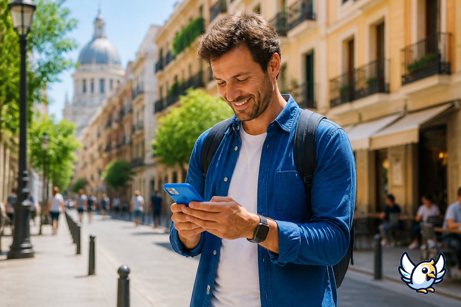 Viajero usando una eSIM gratis en España en una calle de Madrid