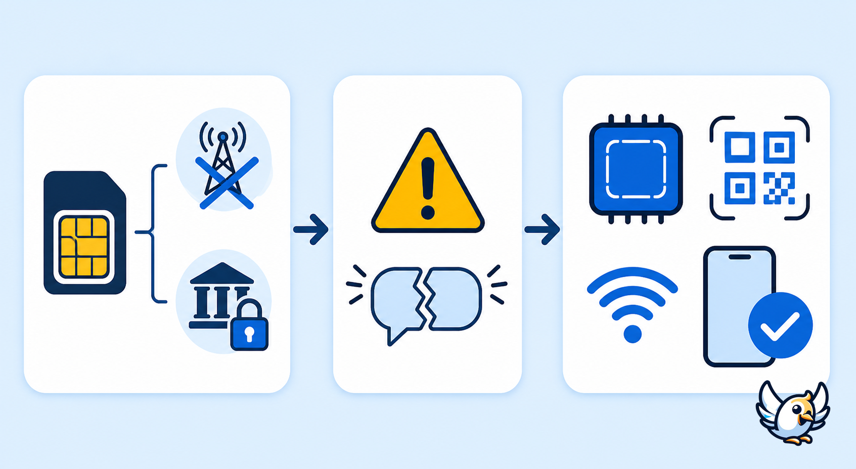 Visual guide to banking OTP risk when roaming SMS stops and an eSIM keeps data available