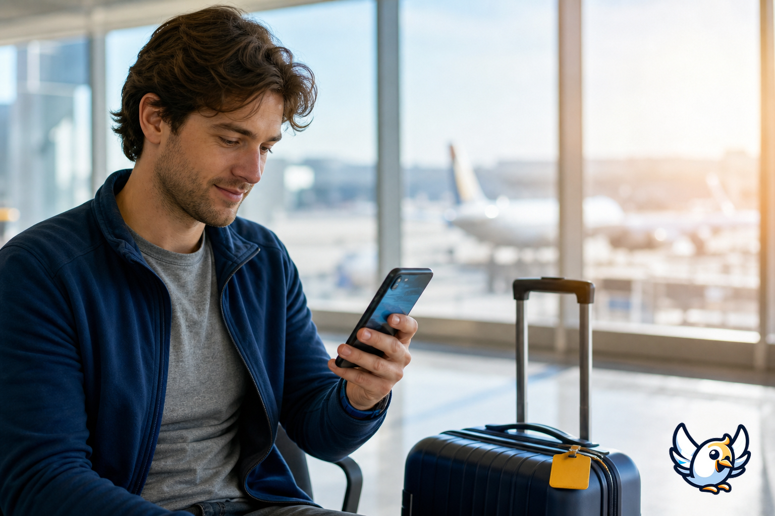 Voyageur consultant une eSIM sur son smartphone avant l’embarquement