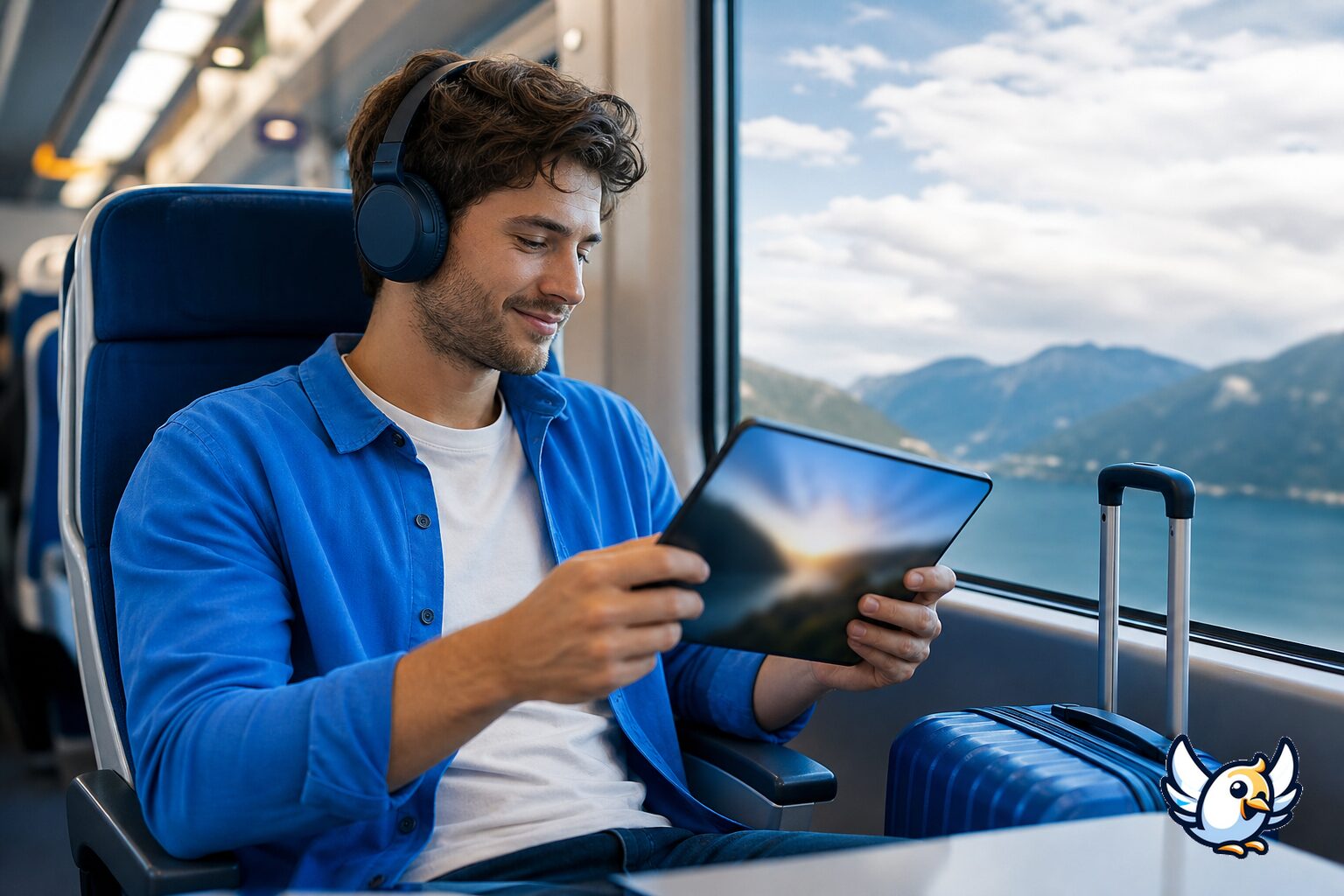 Voyageur regardant un film sur tablette dans un train avec une valise