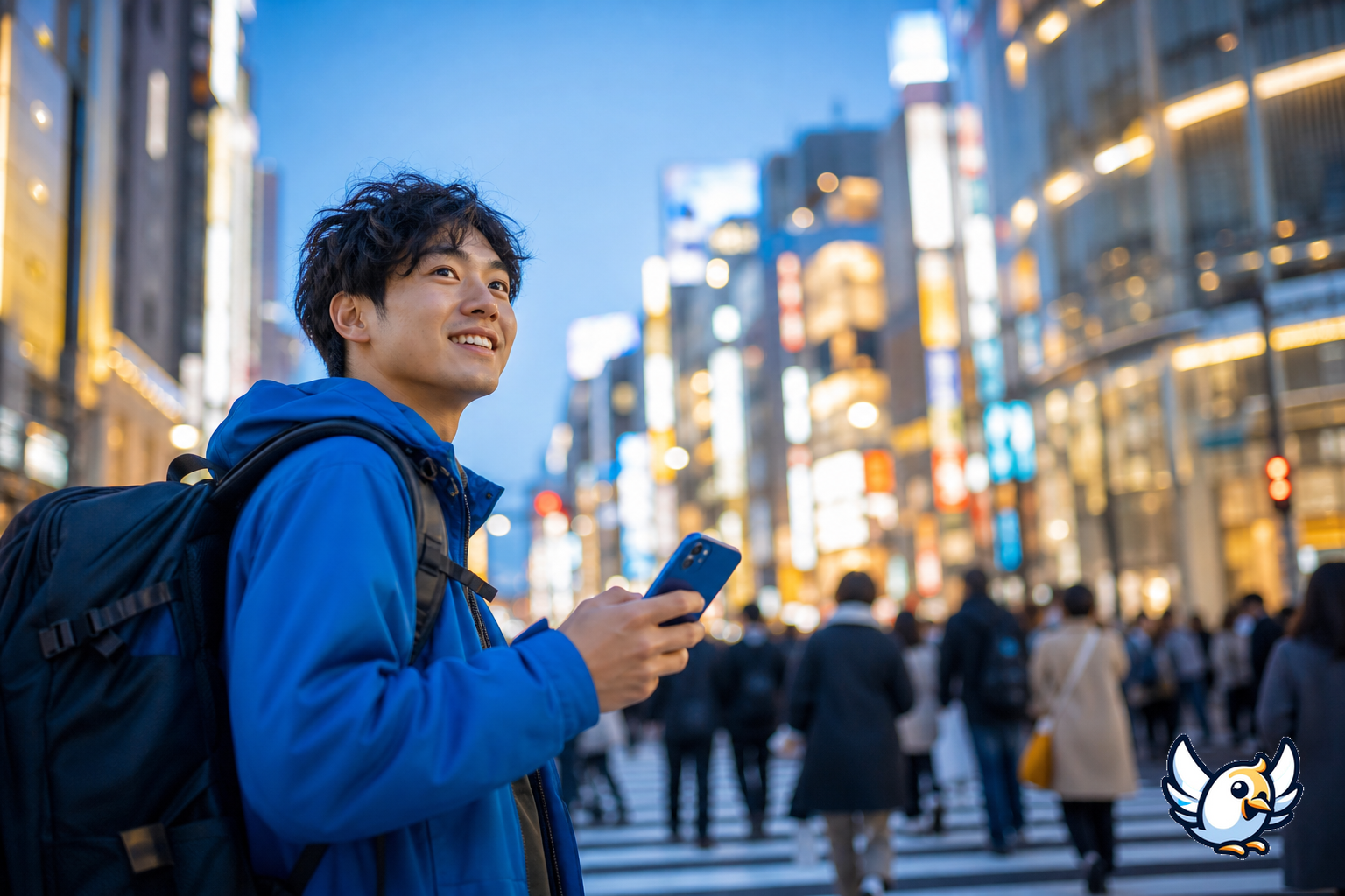 Voyageur utilisant une eSIM dans une rue animée de Tokyo