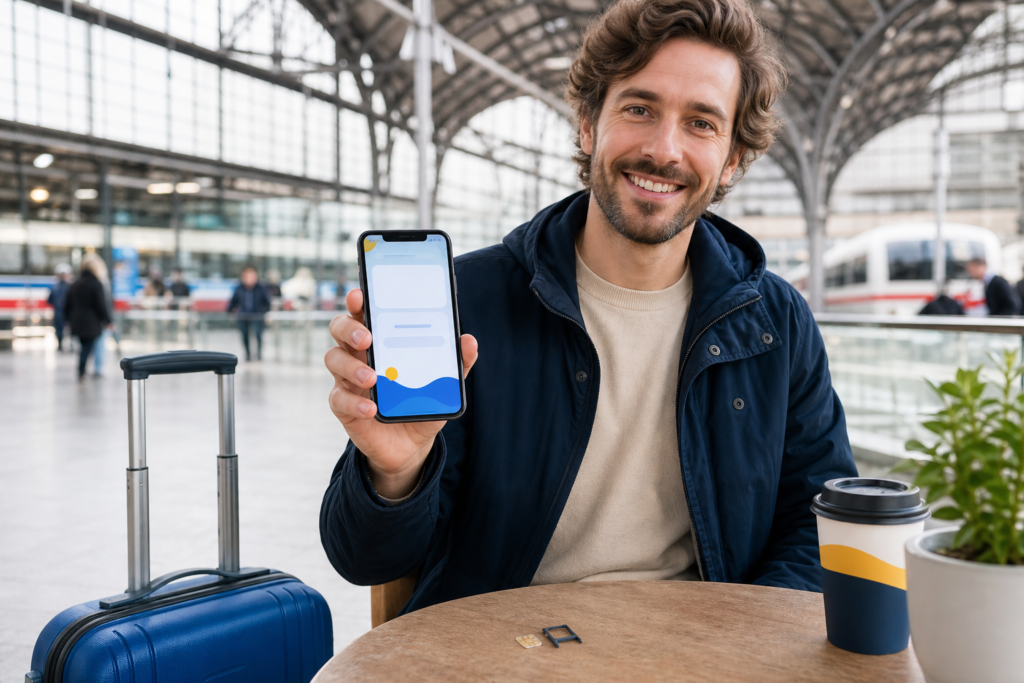 was kostet eine SIM Karte: Reisender vergleicht eSIM und Prepaid-SIM am Bahnhof