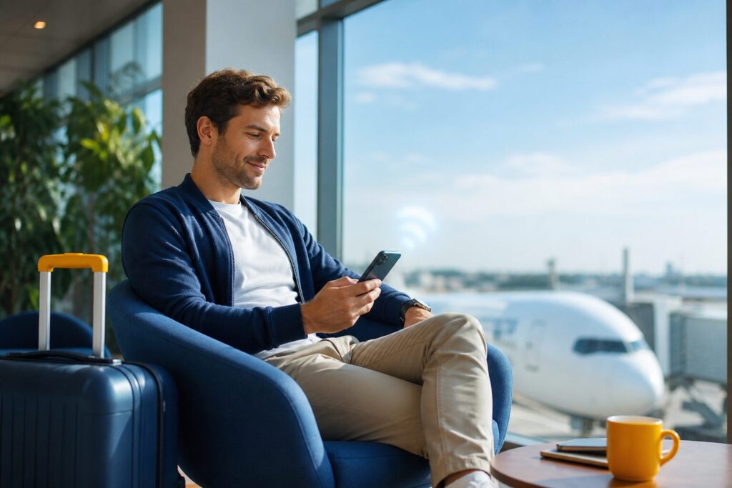 What does data roaming mean: traveler checking mobile data abroad at an airport