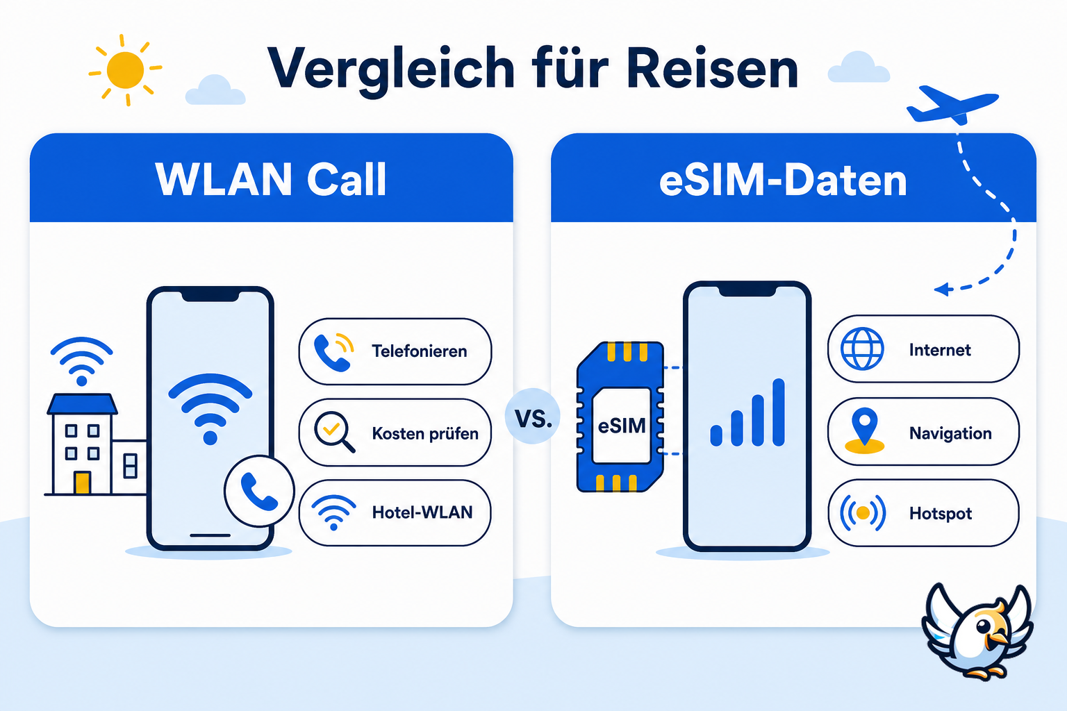 WLAN Call und eSIM-Daten im Vergleich für Reisen