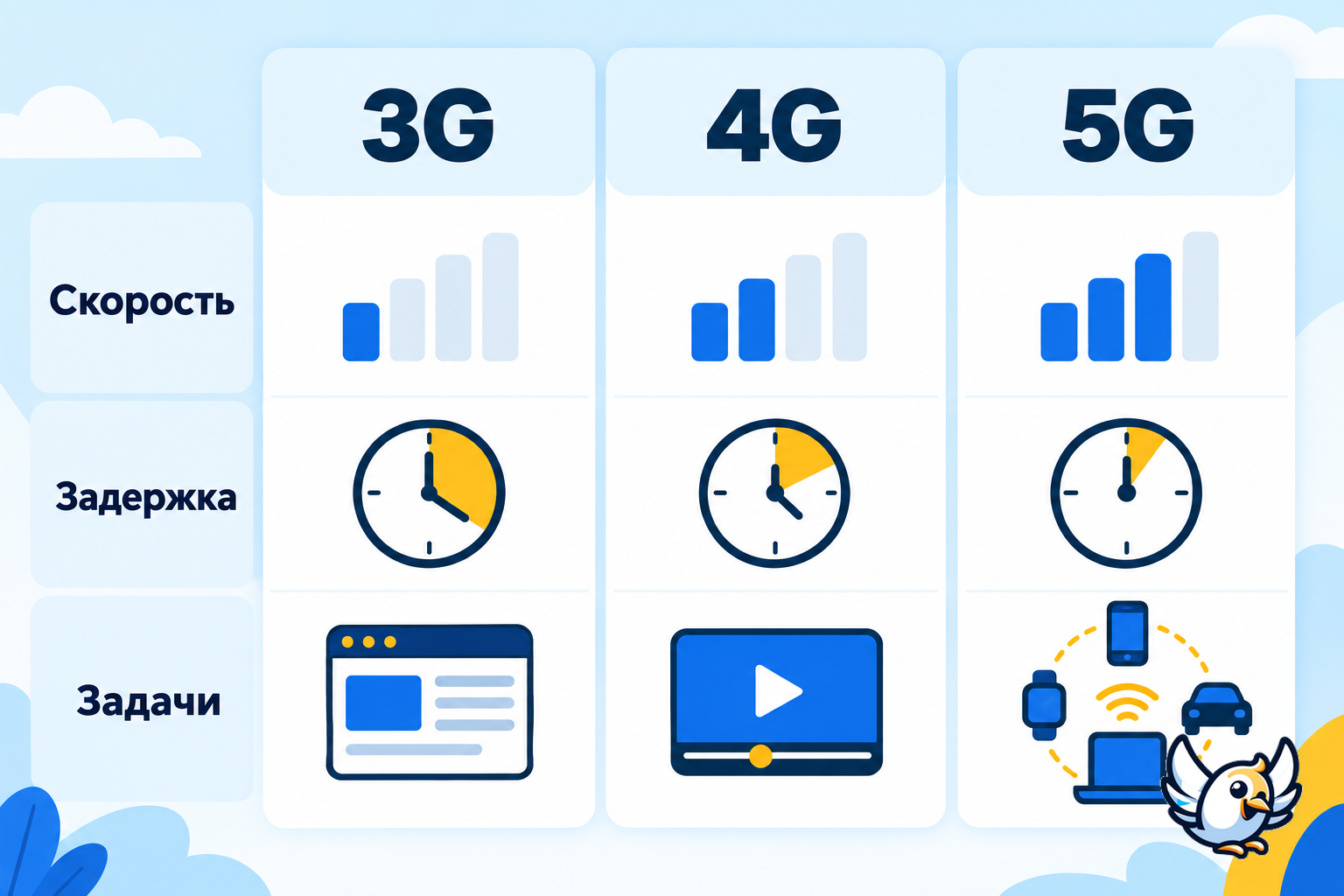 Сравнение 3G, 4G и 5G по скорости, задержке и типичным задачам