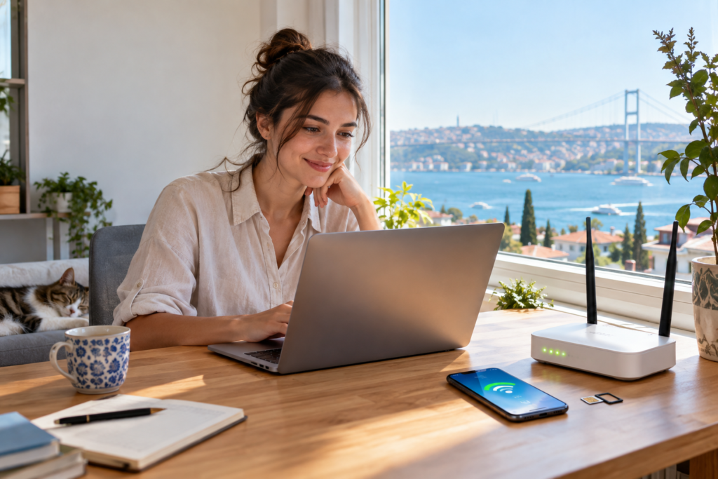 4.5G modem ile evde kablosuz internet kullanan kişi