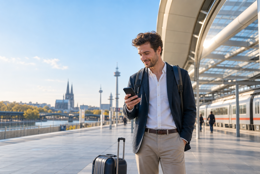 4G erklärt: Reisender nutzt mobiles LTE-Internet auf dem Smartphone
