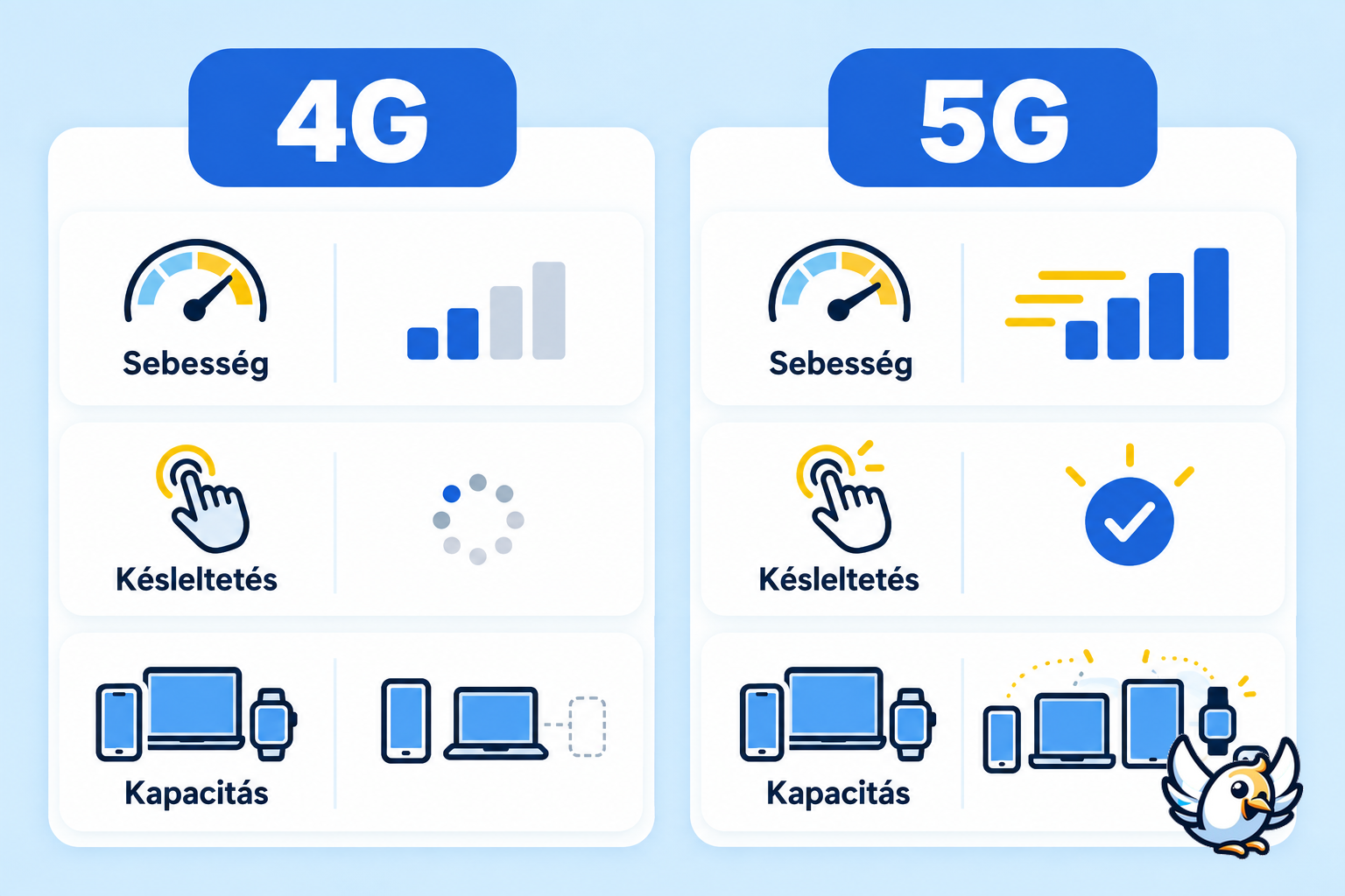 4G és 5G összehasonlítása sebesség, késleltetés és kapacitás szerint