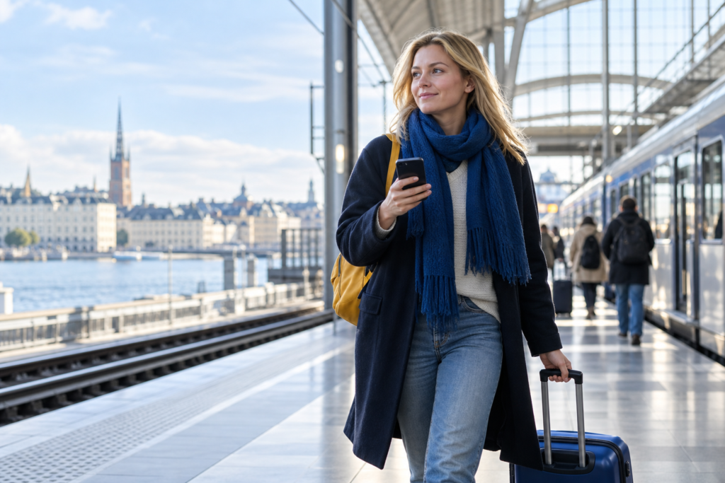 4G i mobilen – resenär använder snabb mobiluppkoppling på språng