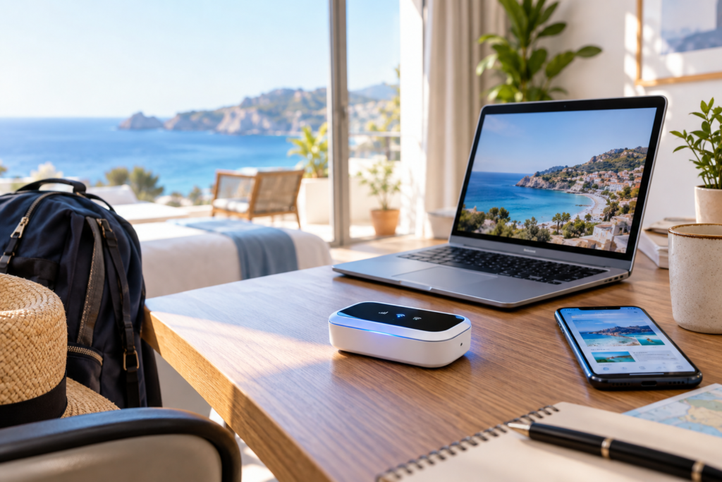 4G modem na cestovanie – notebook a mobil pripojené cez prenosný LTE router