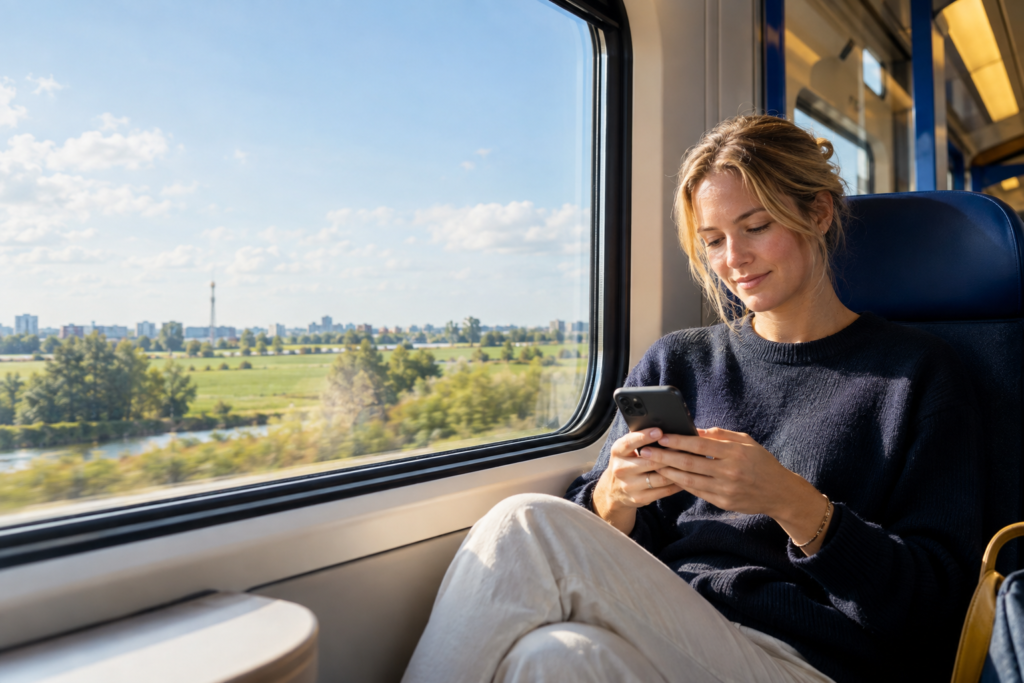 4G uitgelegd: reiziger gebruikt mobiel internet op een smartphone