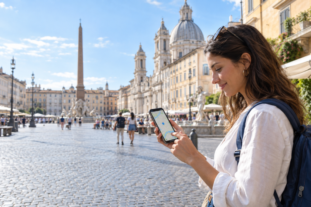 4G: viaggiatore con smartphone connesso alla rete mobile