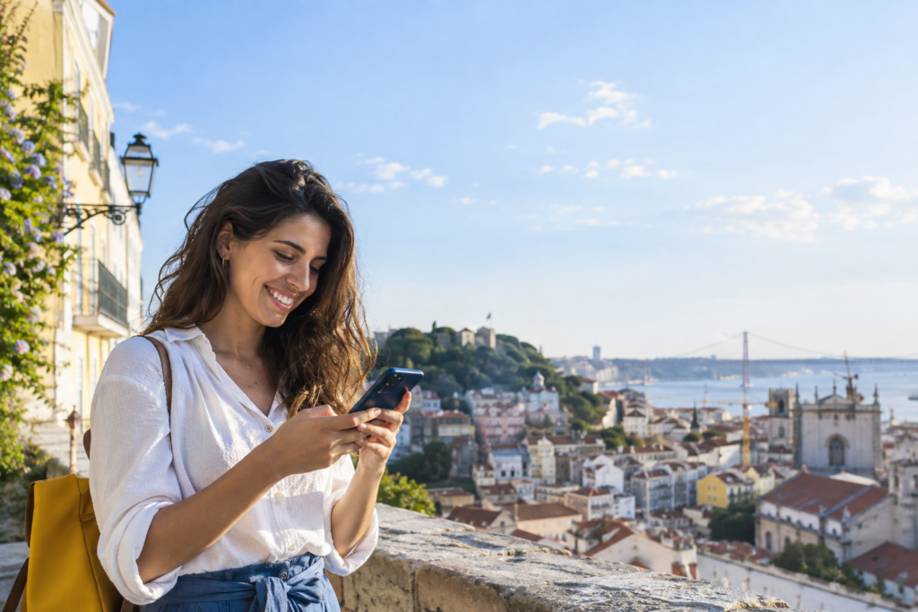 4G: viajante a usar uma ligação móvel rápida no smartphone
