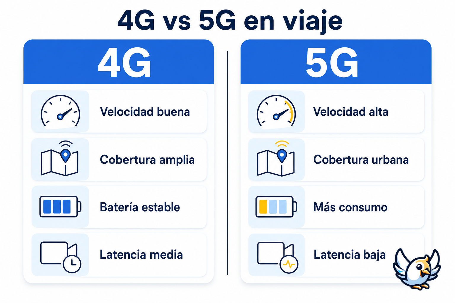 4G vs 5G: esquema comparativo de velocidad cobertura batería y latencia