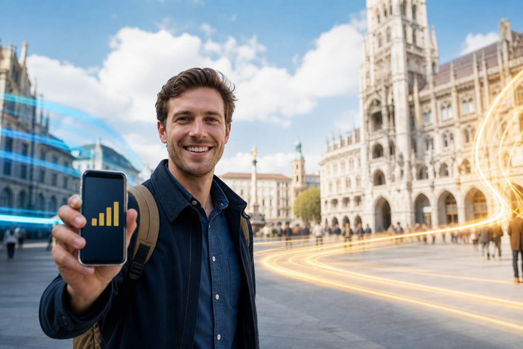 4G vs 5G: Reisender vergleicht mobiles Internet auf dem Smartphone