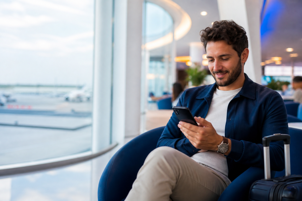 4G vs 5G: viaggiatore con smartphone e connessione eSIM in aeroporto