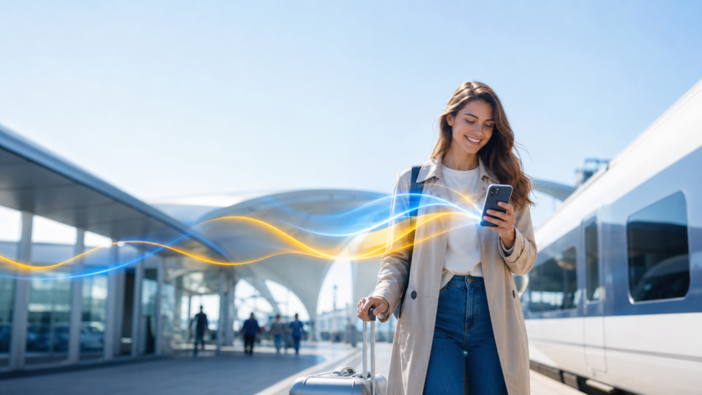 4G vs 5G: viajera comparando la conexión móvil en su smartphone