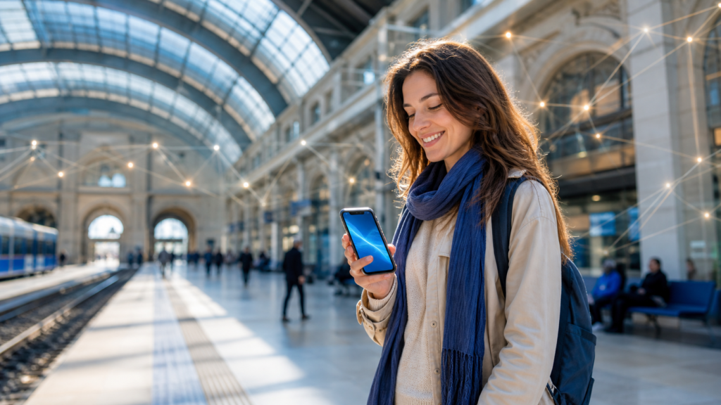 4G vs 5G : voyageur connecté avec une eSIM sur smartphone