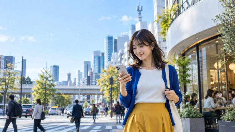 5G通信を利用するスマートフォンと都市の基地局を表現したイメージ
