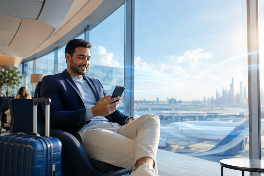 5G bağlantısı kullanan gezgin ve eSIM ile hızlı mobil internet