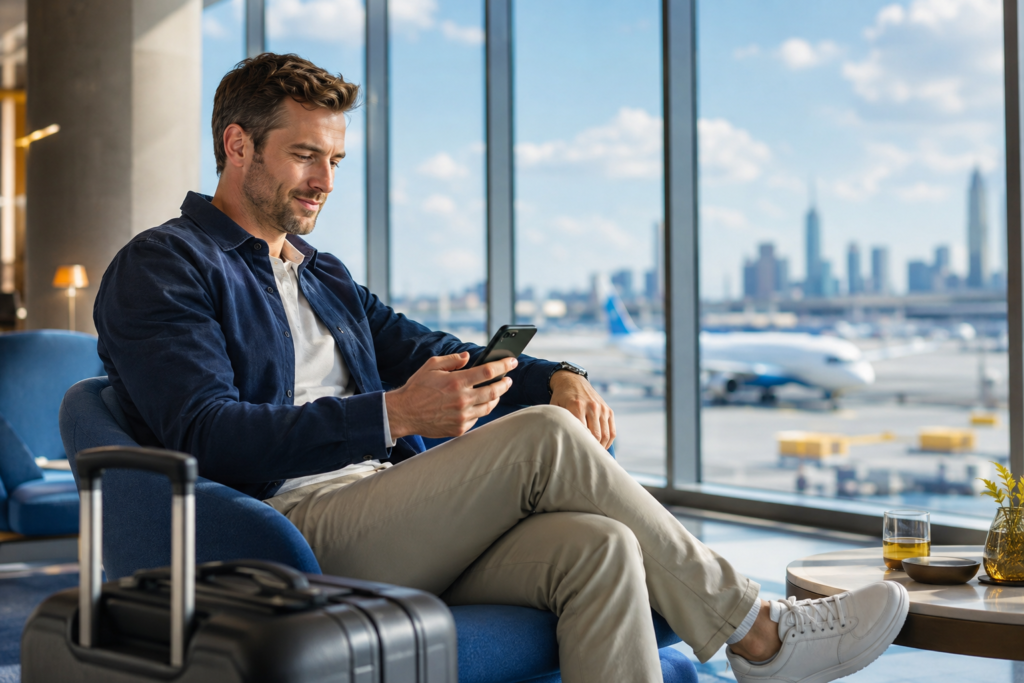 5G eSIM für Reisen: Reisender prüft mobiles Internet am Smartphone