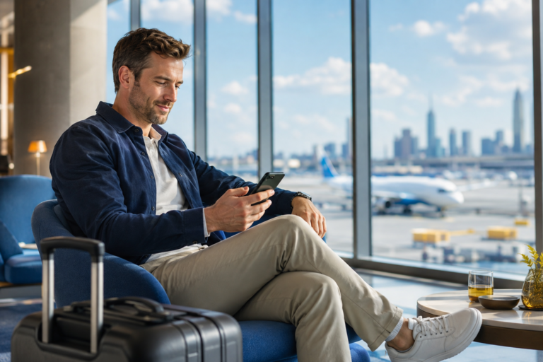 5G eSIM für Reisen: Reisender prüft mobiles Internet am Smartphone