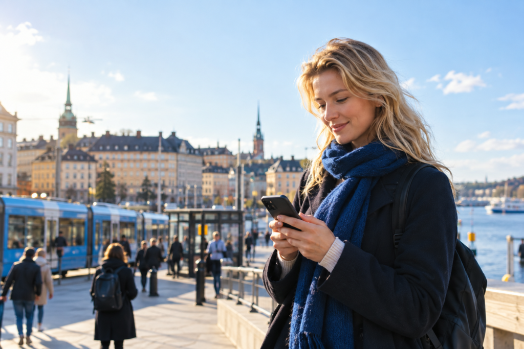 5G i mobilen – resenär använder snabb mobiluppkoppling i en modern svensk stad